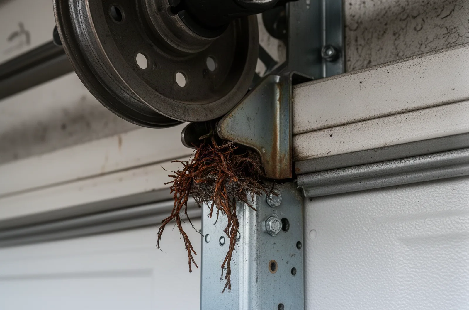 A frayed lift cable at the bottom bracket of a garage door
