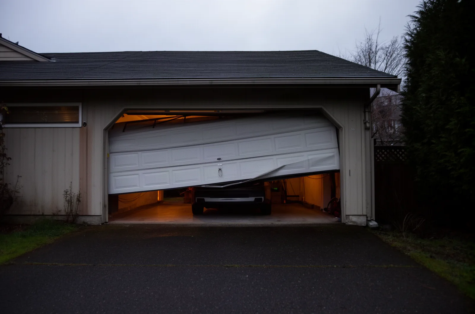A car inside a garage behind a door stuck partway up