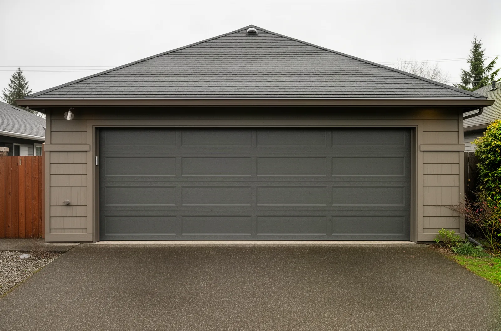A freshly installed sectional garage door on a suburban home