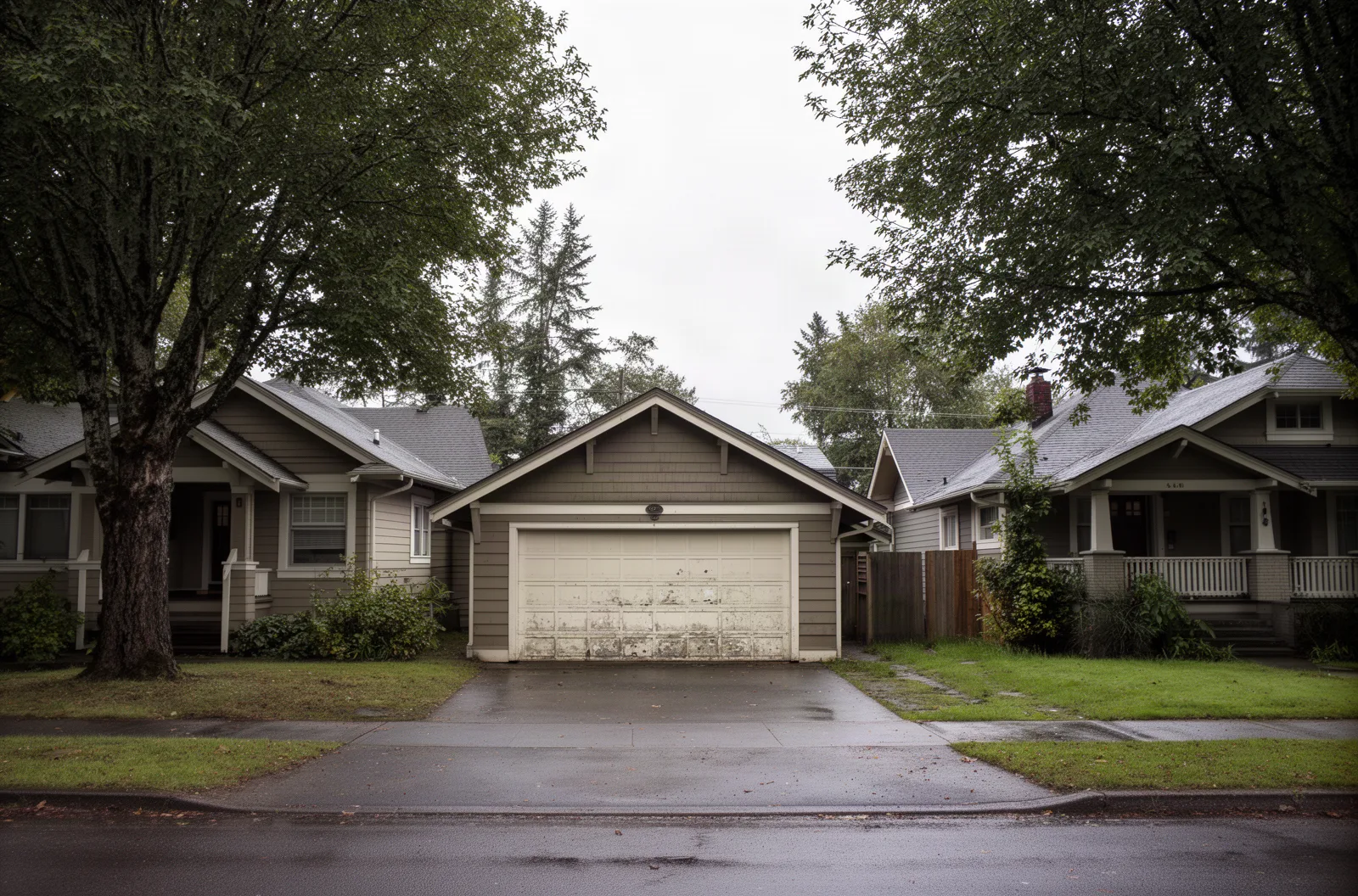A Portland bungalow's detached garage behind the house on a wet day